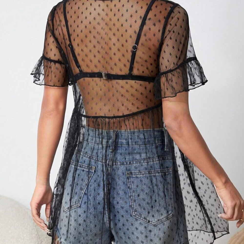 Women's Sheer Mesh Mini Dress Polka Dots Ruffle Hem Short Sleeve Flared - Picture 2 of 5